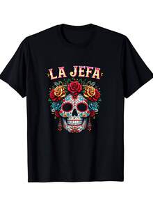 Unisex T-Shirt With Mexican Skull - Day Of The Dead Floral Print T-Shirt With Rose Decoration - Soft, Breathable And Lightweight T-Shirt For Halloween, Day Of The Dead - 黑色 - 查看 2