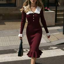 Long Knitted Dress Autumn Winter New Design Retro Style Elegant Feminine With Ruffles Fashion For Women - 紅色 - 查看 2