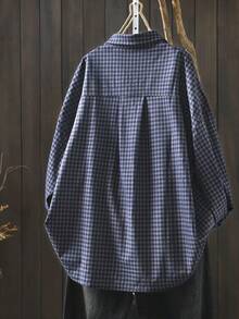 Women's Autumn Fashion Versatile Plaid Single-Breasted Long Sleeve Patchwork Shirt - Dark Blue - View 4