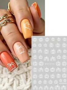 2pcs Autumn Pumpkin Nail Stickers, Halloween White Line Pumpkin, Autumn Thanksgiving Cute Fruit & Vegetable Nail Sliders, Trick Or Treat Holiday Nail Art Decor Nail Supplies - White - View 4