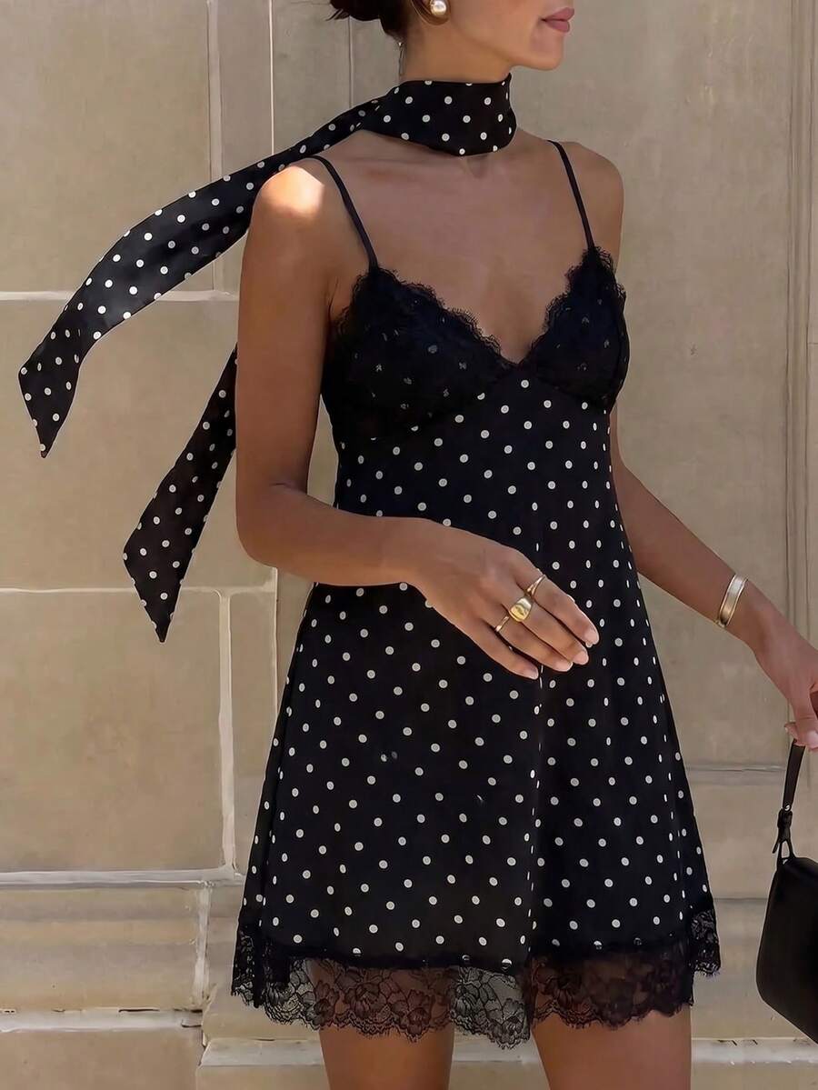 Women's Casual Polka Dot Spaghetti Strap Mini Dress, Contrast Lace Trim, Summer Style Elegant Vacation Party Black - Black - View 1