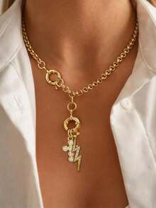 2 Buah Kalung Liontin Salib Petir Mata Setan Berlian dengan Gesper Ganda Emas, Set Kalung, Gaya Unik dan Mewah, Untuk Pesta Sehari-hari Wanita - Yellow Gold - View 10