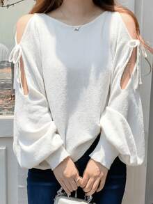 European Style Batwing Sleeve Sweater For Spring/Summer, Loose Top With V-Neck And Lantern Sleeves. - White - View 5
