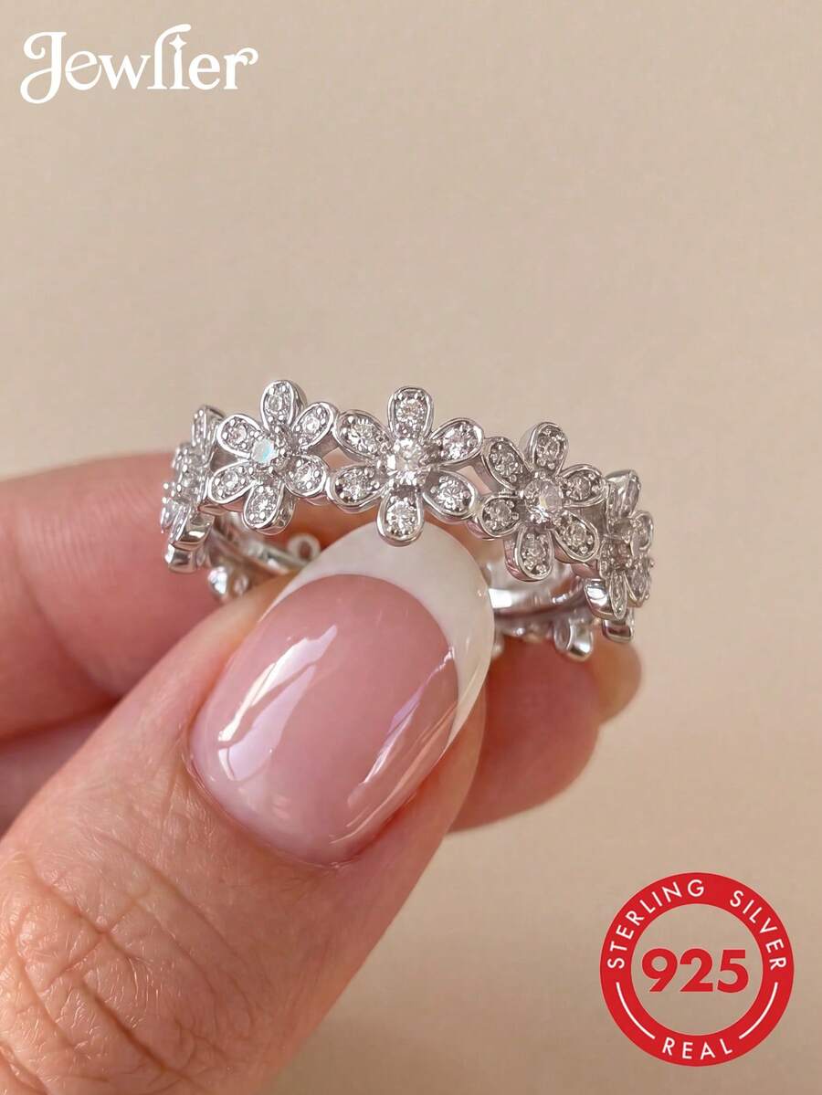 1枚S925纯银闪亮雏菊指节戒指，精致珠宝礼品，浪漫女士戒指，珍贵珠宝礼品