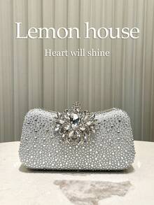 1 pieza de bolso de noche elegante de lujo con pedrería y brillo azul marino, bolso de mano de moda con cierre de pedrería, adecuado para banquetes, fiestas, bodas, galas, regalo ideal para - Plata 2 - Ver 2