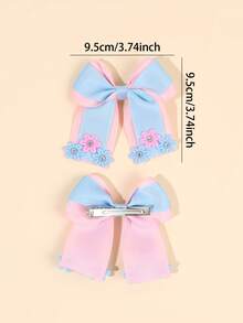 2pcs Back To School Blue & Pink Satin Bow Hair Clips, Crocodile Clips For Girls, Summer Casual Daily Hair Accessories - Multicolor - View 6