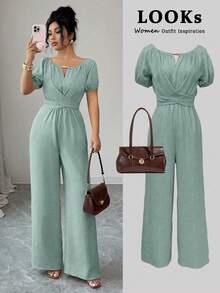 Elegant Women's Wide-Leg Jumpsuit With Round Neck, Long Sleeves, Twisted Waist And Wooden Bead Decoration In Khaki For Everyday Wear - 薄荷綠 - 查看 1