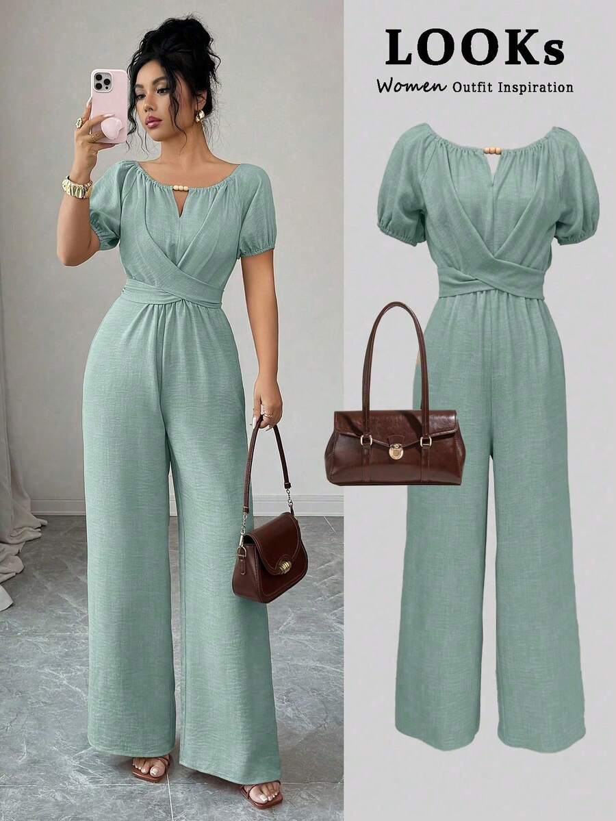 Elegant Women's Wide-Leg Jumpsuit With Round Neck, Long Sleeves, Twisted Waist And Wooden Bead Decoration In Khaki For Everyday Wear - 薄荷綠 - 查看 1