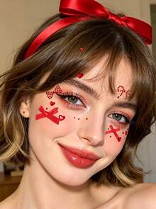 Red Bow Heart 3D Glitter Face Gems Y2K Self-Adhesive Rhinestones, DIY Concert Disco Party Shiny Face Decoration - Red - View 5