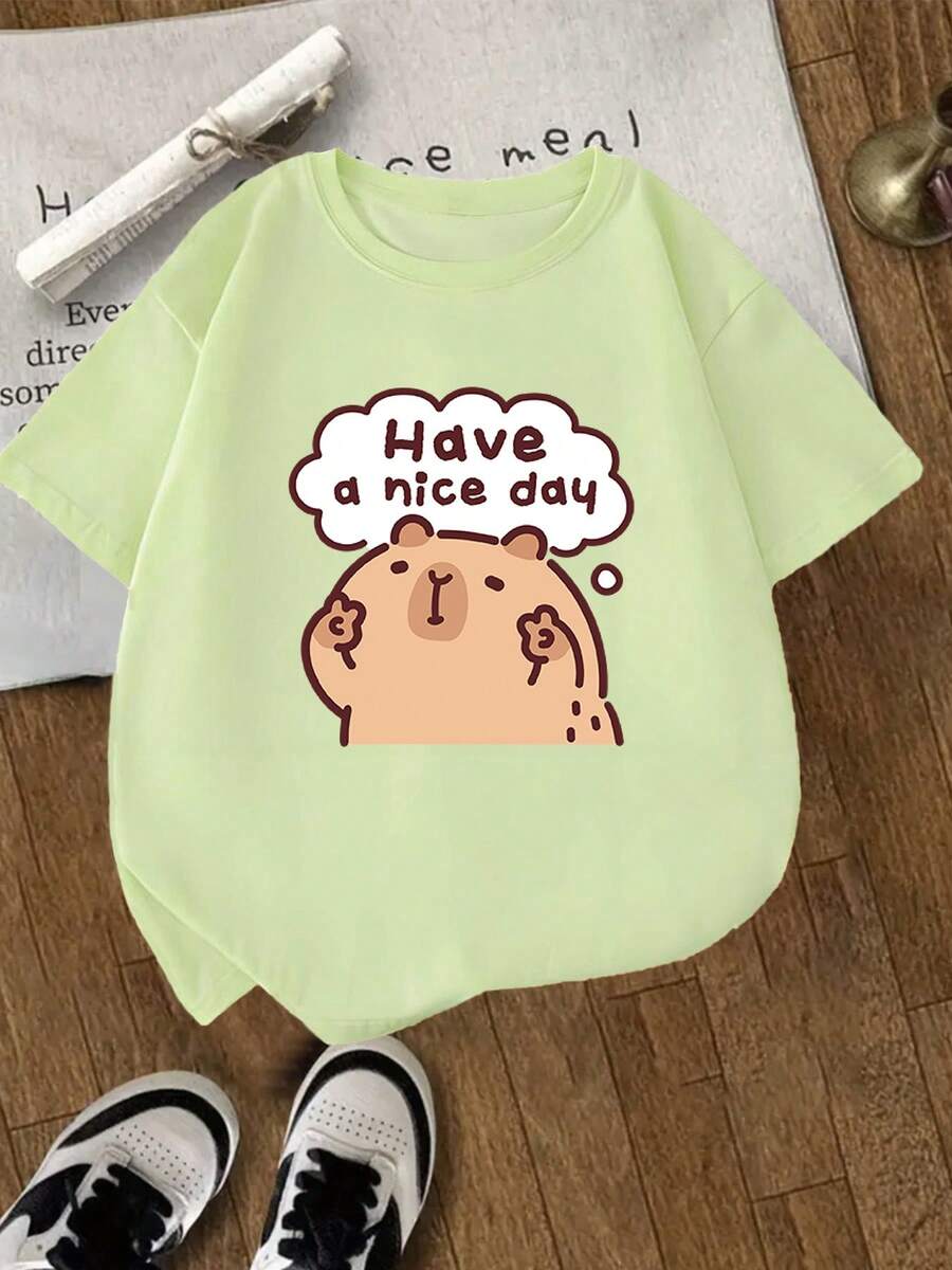 [Guan Yi Shu Selection]Capybara And Pufferfish Print T-Shirt|Short Sleeve Sports T-Shirt For Boys And Girls Ages 4-13 | Casual Printed T-Shirt For Kids - 酒紅色 - 查看 1
