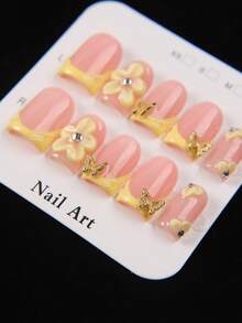 10pcs Short Square Cute Summer Press-On Nails, Nude Pink And Yellow French Manicure, 3D Flower And Butterfly Rhinestone Decor, Handmade Acrylic Fake Nails For Women And Girls Daily, Party, Date Wear And Gift - Yellow - View 5