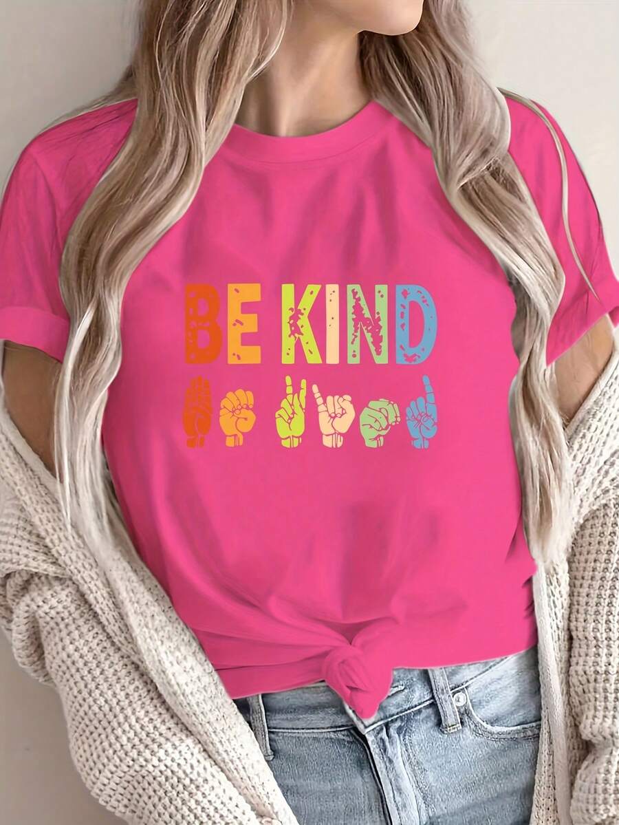 Colorful "Be Kind" Print, 100% Polyester Knit Fabric, All-Season Short-Sleeved T-Shirt, Casual Wear. | Fashionable Casual Top | Stretchy Material, RTNC Women's T-Shirt - 玫紅色 - 查看 1