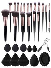 22/6pcs Dual-Color Coffee & Black Makeup Brush Set, Rose Gold Handle, With Triangle Velvet Powder Puff, Makeup Sponge, Eyelash Curler, Silicone Brush Cleaning Bowl, Dry & Wet Use Makeup Tools, Suitable For Foundation, Blush, Eyeshadow, Concealer, Setting Powder - Black - View 10