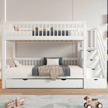 Bunk Bed With Rollaway Bed, Children's Bed With Ladder Cabinet And Handrail, With Safety Rails On All Sides - White - View 2