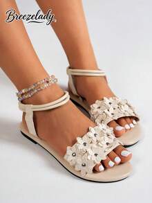Breezelady Women's Stylish Multi-Flower Sandals, Stitched Petal Detail, Adjustable Ankle Strap, Feminine-Chic Style For Warm-Weather Daily Wear - 米色 - 查看 4
