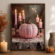 1pc Canvas Wall Art Print With Frame, Sweet & Cool Girl Style Pink Lace Pumpkin And Glowing Pink Candle Vintage Still Life Oil Painting, Soft Atmosphere Autumn Halloween Aesthetic Wall Poster For Modern Home Decor And Room Decoration - Pink Pumpkin - View 11