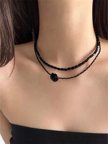 1pc Women's Vintage French Red Rose And Black Rose Flower Double Layer Necklace, Unique Design Choker Collarbone Chain - Necklace - View 13
