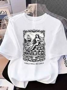 T-shirt retrò con stampa sirena: per un look casual e irresistibilmente carino. Perfetto per il tempo libero estivo, gli spostamenti quotidiani, i viaggi di piacere e le vacanze! 2026 - Bianco - Visualizzare 1