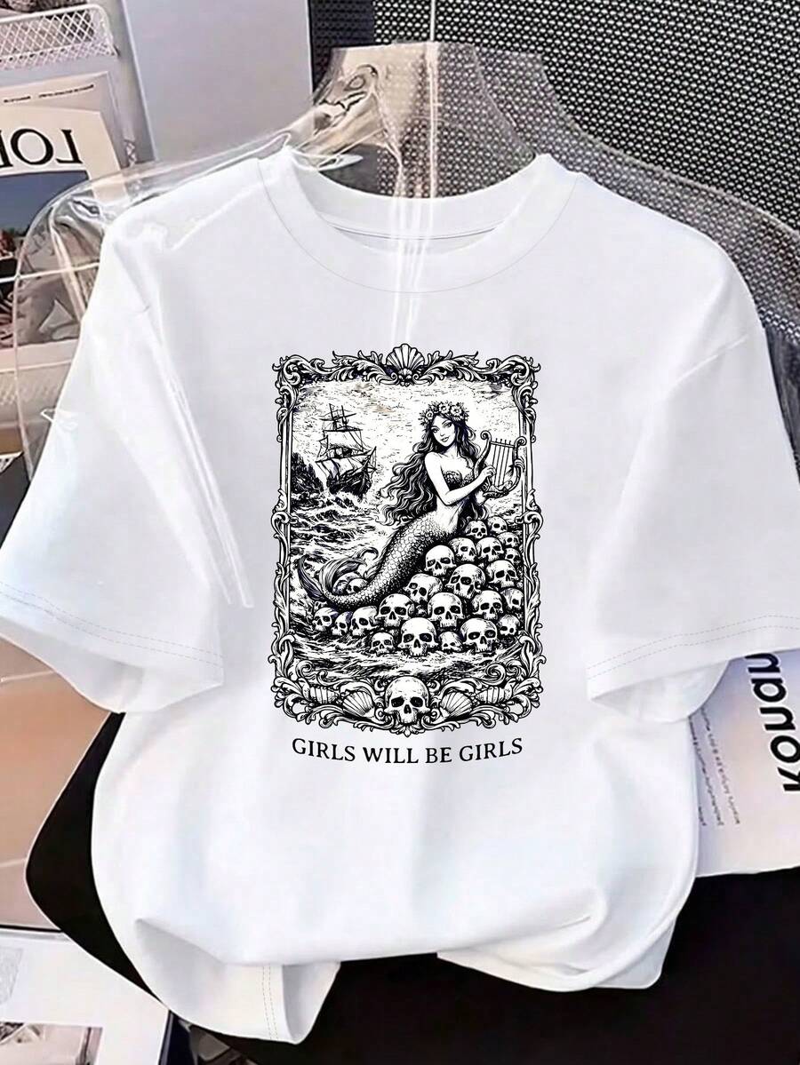 T-shirt retrò con stampa sirena: per un look casual e irresistibilmente carino. Perfetto per il tempo libero estivo, gli spostamenti quotidiani, i viaggi di piacere e le vacanze! 2026 - Bianco - Visualizzare 1
