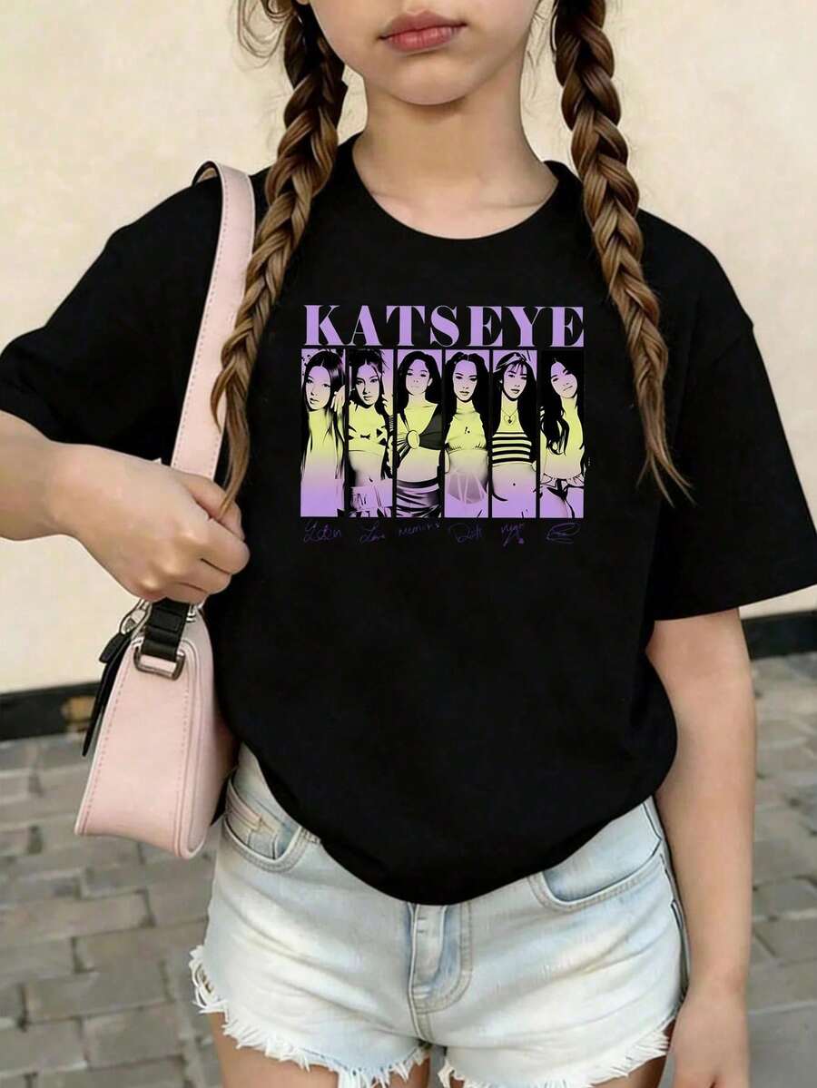 KATSEYE Printed Summer T-Shirts, Vintage Y2K Hip Hop Style, Short Sleeve T-Shirt, Summer Clothes For Girls, Toddler Girls' Clothes, Teen Clothes, Kids' Clothes - 銅色 - 查看 1
