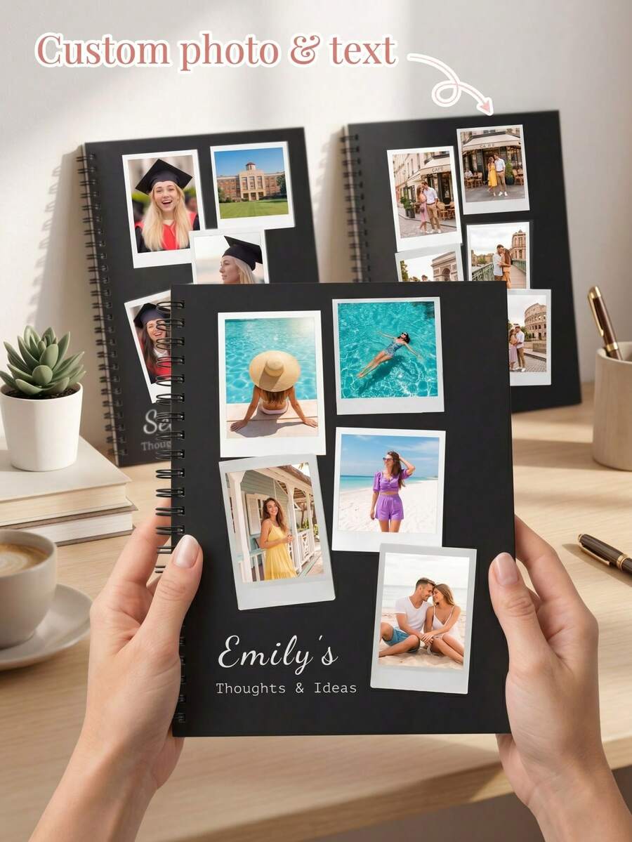 1pc Custom Collage Spiral Notebook,Personalized Photo And Text Black Cover Journal, Custom Notebook For Graduation Gift Travel Diary Daily Notes,Graduation Travel Couple Memory Gift - Multicolor - View 1