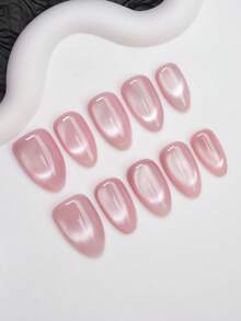 Almond-Shaped Handmade Press-On Nails, Y2K Hot Girl Style, Nude Nail Tips With Cat Eye Design, Pure Handmade Press-On Nails, Suitable For Women And Girls, Shiny Nail Tips, 10 Pieces/3 Sizes, Suitable For Party, Dance, Daily Wear, Includes Tool Kit, Can Be Given As A Gift To Women And Girls. - Apricot - View 2