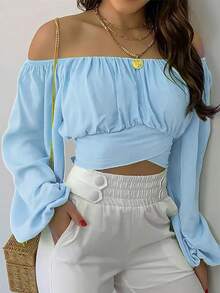 Elegant Women's Blouse With Bohemian Print, Short Loose Lantern Sleeves, Off-Shoulder, For Summer - 白色 - 查看 11