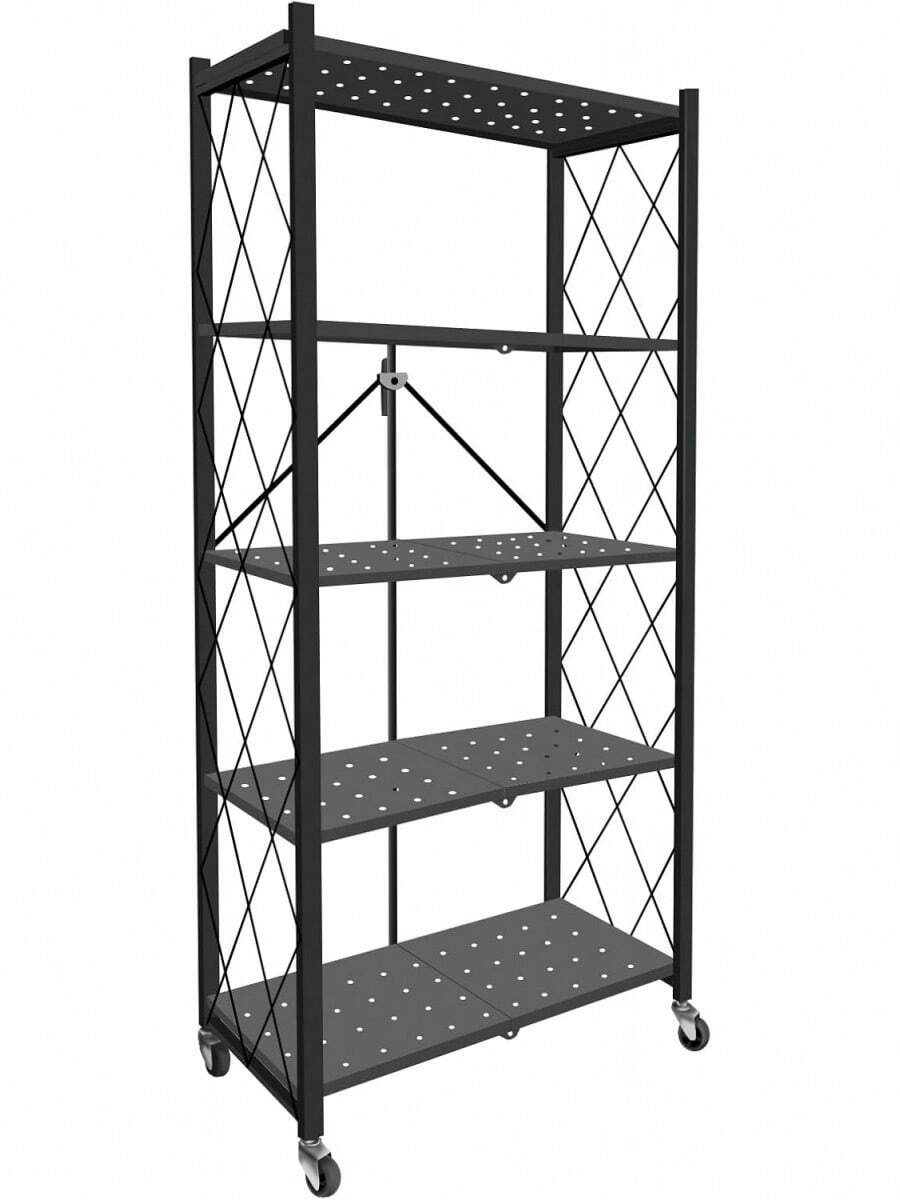 Estante Rack Organizador 5 Niveles Plagable Metalico, Uso Rudo Estilo Industrial Estantería de Malla con Ruedas y Marcos Laterales en X, para Tienda Estante Organizador Estante (Negro) - 1 - Ver 1