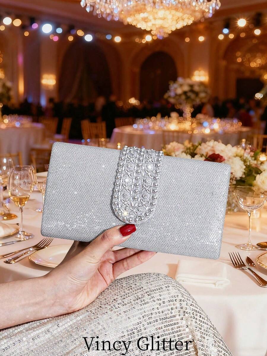 Handmade Evening Clutch/Handbag With Glitter And Rhinestone Embellishments, Party Bag, Cosmetic Bag, Shoulder Bag With Strap, Fashion Handbag - 玫瑰金 - 查看 1