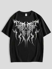 Camiseta negra de manga corta con estampado abstracto blanco - Top de algodón con cuello redondo para hombre, para deportes y uso diario casual, estilo verano 2025 - Negro - Ver 1
