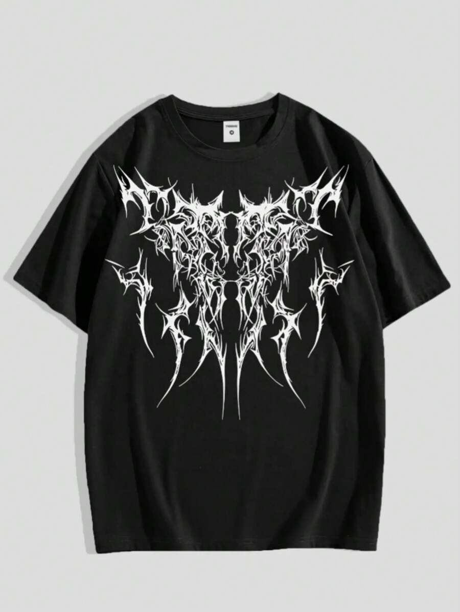 Camiseta negra de manga corta con estampado abstracto blanco - Top de algodón con cuello redondo para hombre, para deportes y uso diario casual, estilo verano 2025 - Negro - Ver 1