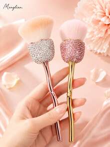 1 pieza Brocha de maquillaje con abanico de strass, brocha suave y esponjosa para polvo & iluminador con mango brillante, brocha facial para rubor, bronceador, fijación & maquillaje de viaje de verano - Multicolor - Ver 6