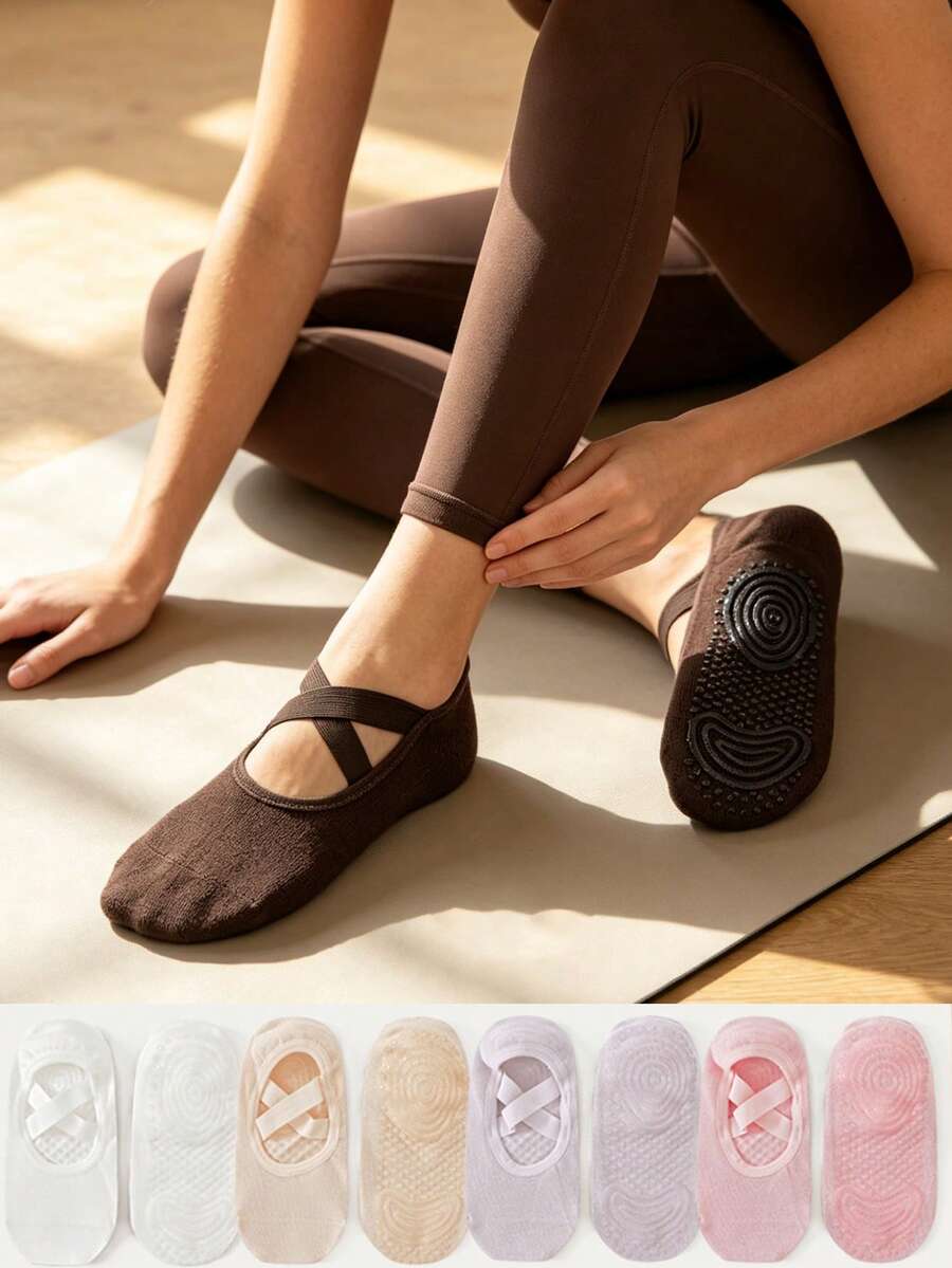 1/3/5/7 Pairs Women's Professional Yoga Socks With Non-Slip Straps, Spring/Summer New Open Back Cross-Strap Round Toe Anti-Slip Yoga Socks, Short Invisible Boat Socks For Sports, Dance, Pilates - Multicolor - View 1