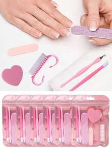 7-In-1 Nail Care And Callus Removal Tool Set, Includes Nail File, Pink Nail Buffer, V-Shaped Callus Pusher, Callus Remover, Heart-Shaped Nail Buffer, Storage Bag - Complete Nail/Foot Care Tool Set, Portable Travel Set, Daily Use, Nail File, Tool Accessories - Multicolor - View 3