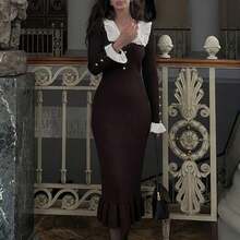 Long Knitted Dress Autumn Winter New Design Retro Style Elegant Feminine With Ruffles Fashion For Women - 咖啡 - 查看 4