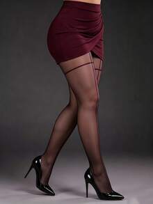 Women's Black Patterned Tights With Burgundy Thigh Band And Seam Details, Suitable For Elegant Dress Matching - Black - View 5