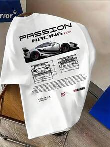 Camiseta Elegante para Hombre - Passion Racing con Estampados de Carreras en la Parte Delantera y Trasera - Transpirable y Absorbente, Adecuada para Gimnasio, Viajes y Uso Casual - Magl - Blanco - Ver 3