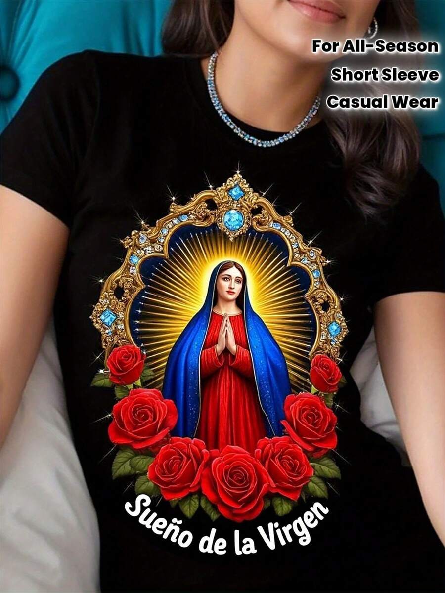 Women's Classic High Elasticity T-Shirt - Seamless Round Neck, Short Sleeve With Religious Print Of The Virgin Mary And Roses, Casual Clothing For All Seasons - 黑色 - 查看 1
