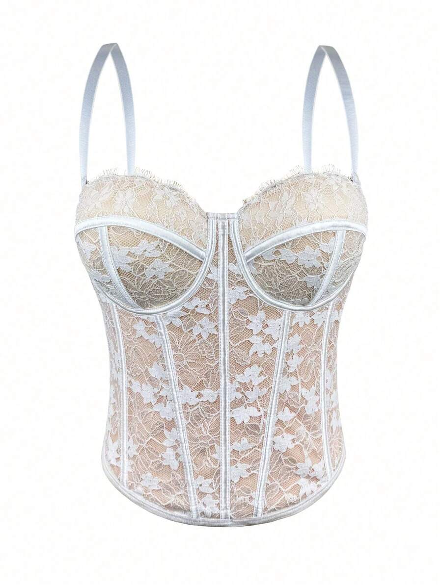 Women's Floral Lace Corset Camisole Top, Elegant And Sexy For Vacation And Casual Summer Wear, Black - 白杏底 - 查看 1