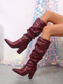 2024 New Women's Chunky High Heel Elastic Slim Fit Sock Boots Mid-Calf Ankle Boots - Burgundy - View 3