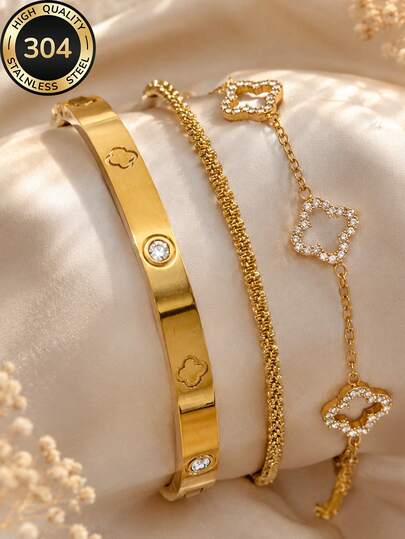 3pcs/Set 18K Gold Plated Women's Luxury Shiny Bracelet & Lucky Flower Bracelet Set, 304 Stainless Steel Durable, Suitable For Daily Commute, Party And Other Occasions, Gift For Friends/Mother's Day/Valentine's Day/Christmas