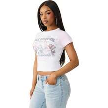 True Religion Women's Raglan Baby Tee – Slim Fit Stretch Cotton Crewneck, Contrast Sleeves, Horseshoe Graphic T-Shirt Variant 3 - White/Baby Pink - View 3