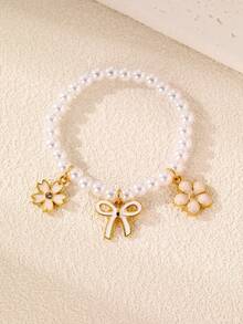 1pc/2pcs Kids Pearl Beaded Oil Drop Flower Bow Bracelet Set, Suitable For Kids Daily Decoration - Multicolor - View 6