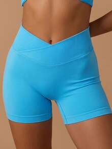 Women's Minimalist Solid Color Criss-Cross Waist Tight Sports Shorts Yoga - Blue - View 4