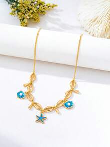 1pc Ocean Series Vacation Style Oil Drop Starfish Shell Pendant Necklace Women's Casual Clothing Accessory - Yellow Gold - View 3