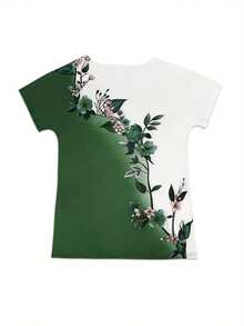 New Women's Short-Sleeved T-Shirt, European And American Style, With Round Neck, Floral Print, Color Block Design, Slim And Casual Fit. - 綠色 - 查看 3