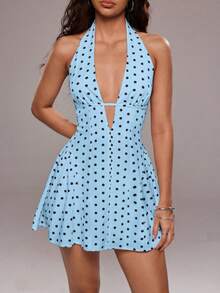 Women's Short Dress With Deep V-Neck And Open Back, Polka Dot Print, Vacation Style, For Summer - Biru - View 5