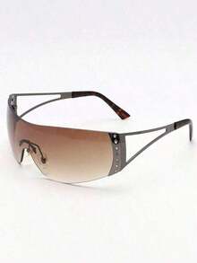 Rhinestone Decor Gradient Wrap Around Shield Shades, Women UV Protection Fashion Rimless Outdoor Eyewear - Brown - View 4