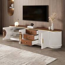 Luxury Style TV Cabinet, Lowboard, Brown Glass, MDF Body, Aluminum Handles, Rounded Edges, Vertical Groove Design - 白色 - 查看 6