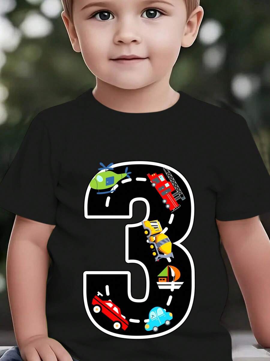 Fashionable Short-Sleeved T-Shirt For Children In Summer With Cartoon Prints Of The Number 3, Cars, Helicopters, Boats, Etc. Casual Outdoor Top NY-DX9726 - 黑色 - 查看 1